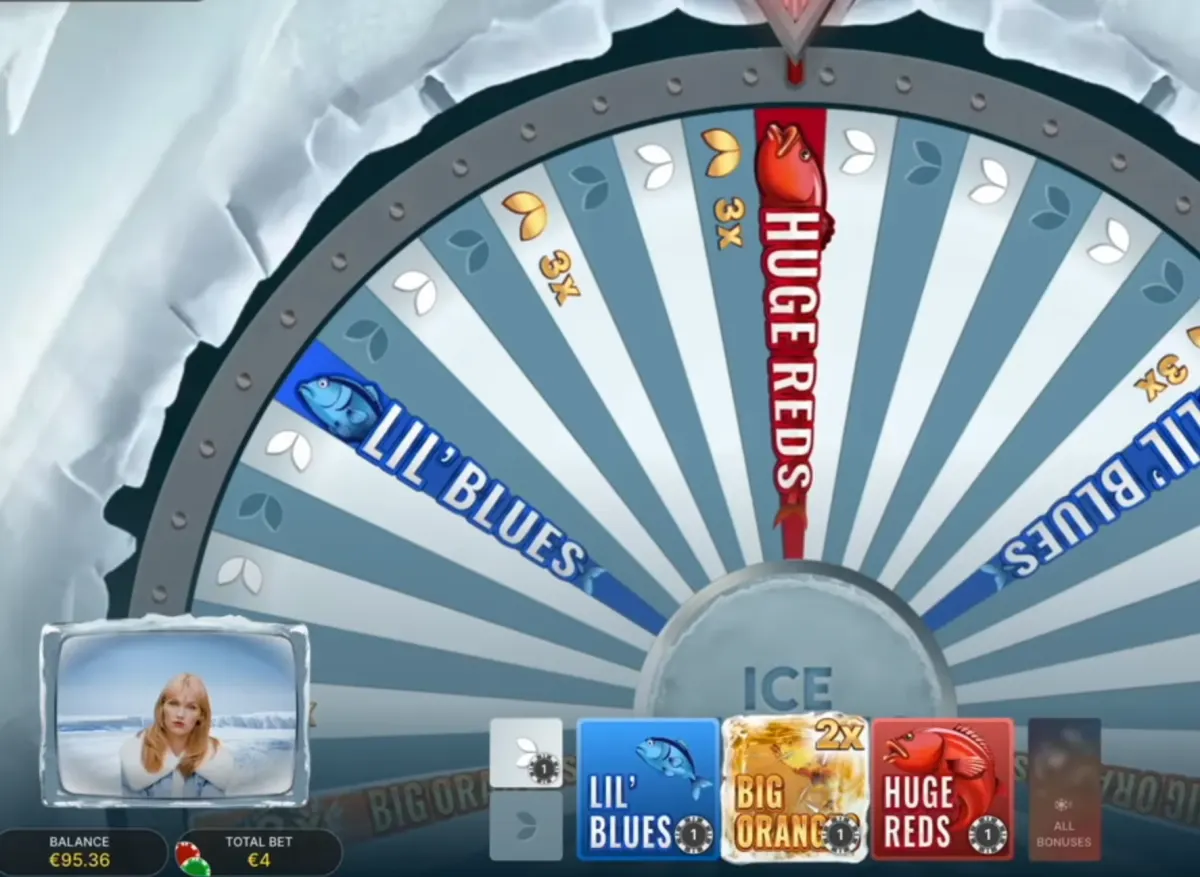 Evolution Ice Fishing bonus wheel segment screen showing Lil Blues, Big Oranges, Huge Reds, and all bonuses options