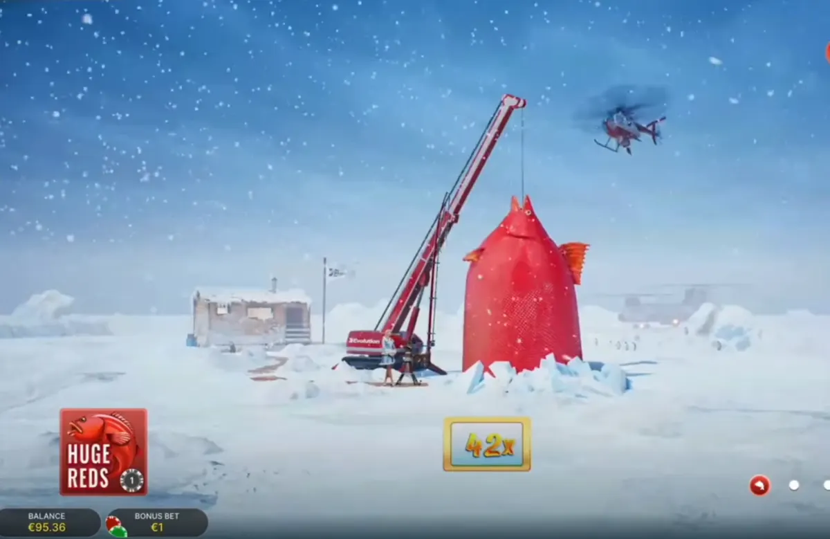 Ice Fishing Huge Reds 42x result screen used as a visual reference for biggest-wins recaps