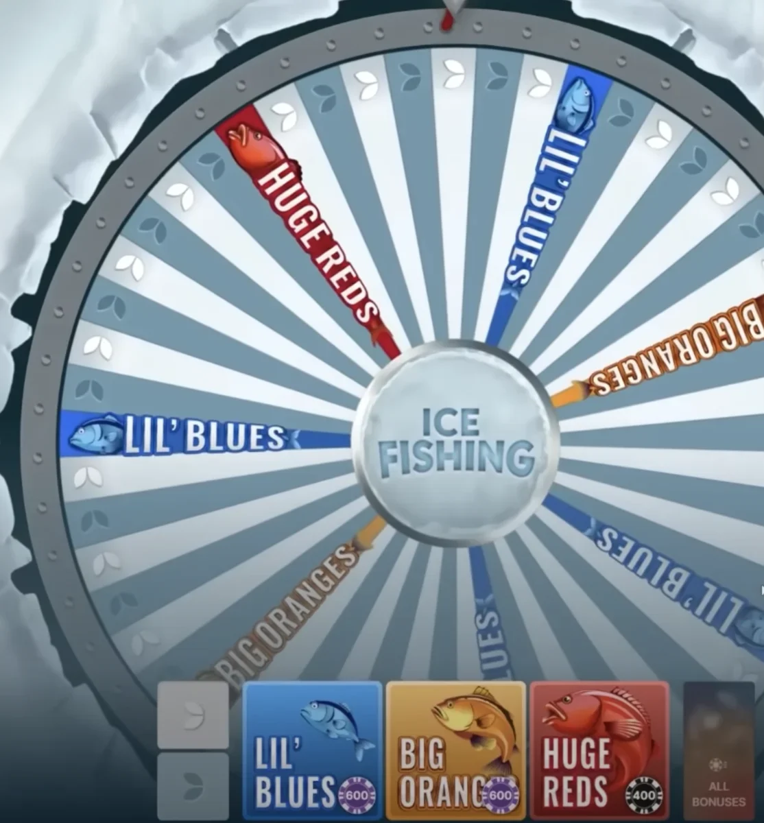 Evolution Ice Fishing live studio screenshot showing the wheel, bonus zones, and dealer view