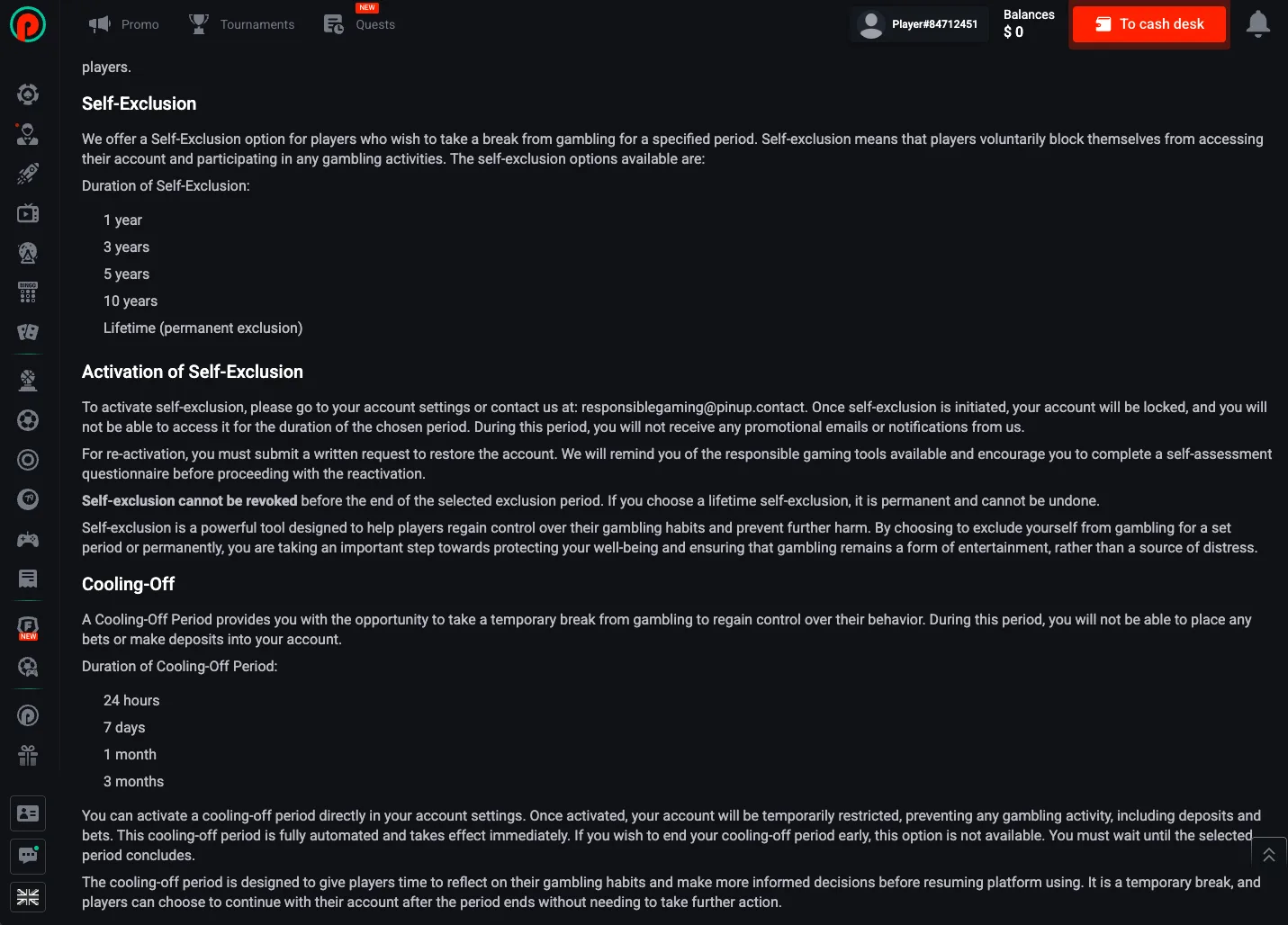 Pin Up self-exclusion and cooldown settings for safer play